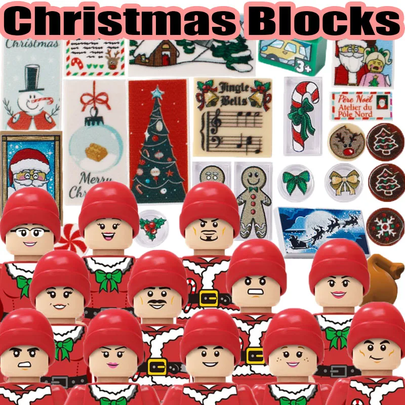 

MOC City Street View Christmas Figures Building Blocks Elk Tree Plant Snowman Candy Tiles Printed Soldier Weapon Bricks Toy Gift