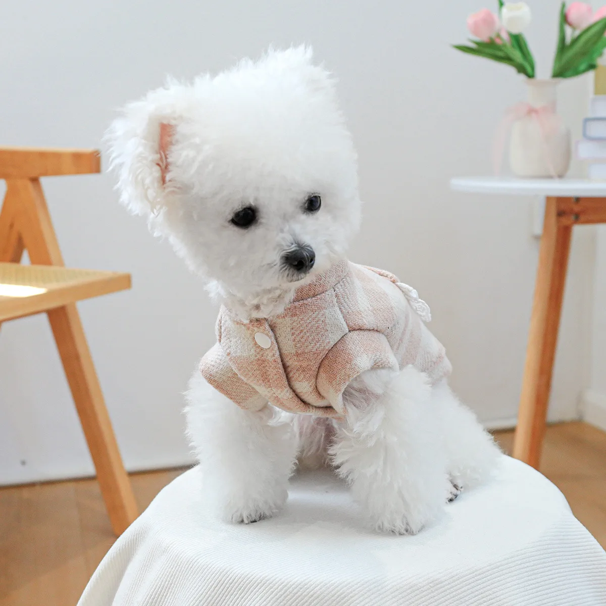 Pet clothes, puppy dog cat cat clothing, warm in autumn and winter, cute checkered pink bear couple clothing