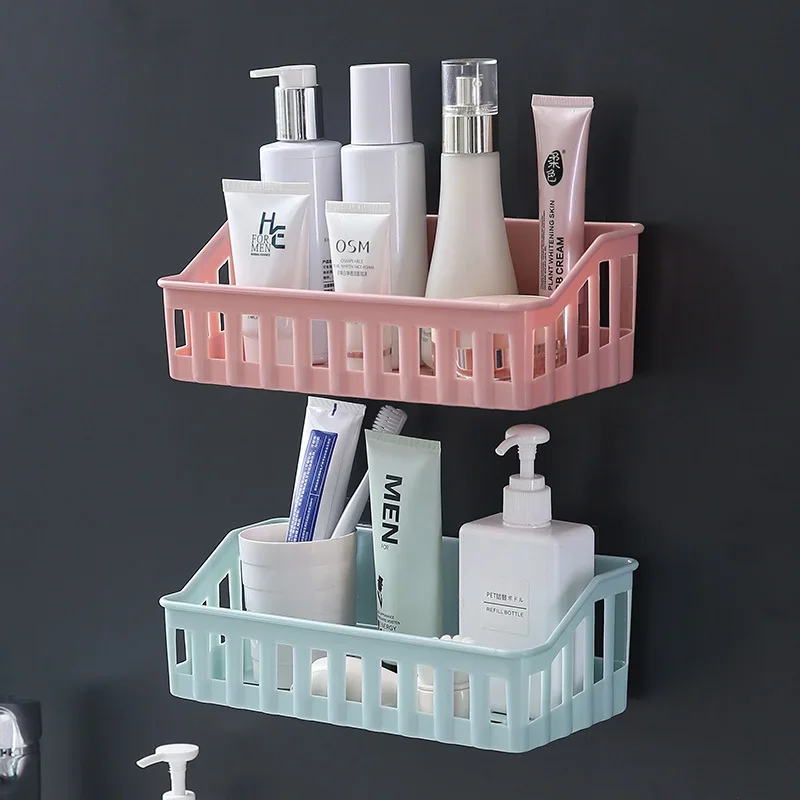 1pcs Japanese-style Plastic Bathroom Shelf Wall-mounted Shower Gel Storage Rack Toilet Free Punch Toiletry Stand 3
