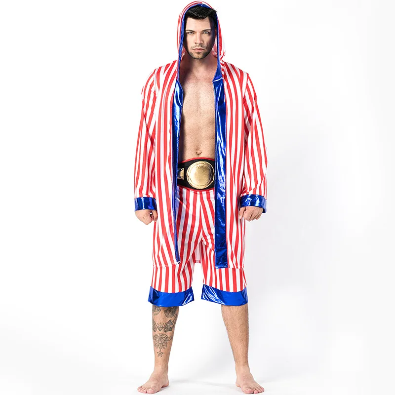 

Adult Men Sportswear Red Stripe Boxer King Boxing Pants Shorts Hooded Cloak Set Halloween Cosplay Costumes Role Play Outfit