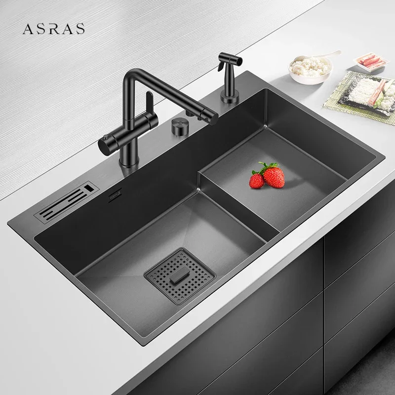 ASRAS Nano Stepped kitchen Sink 304 Stainless Steel 4mm Thickness 220mm Depth Large Size Handmade Knife Holder Kitchen Sink