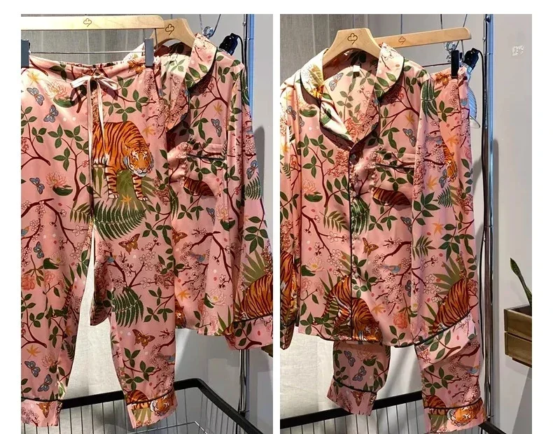 New, 2024 Imitation Silk Pajamas for Women, Pink Long Sleeved Trousers, Two-Piece Sleepwear, Jungle Tiger, Outside, Fashion,