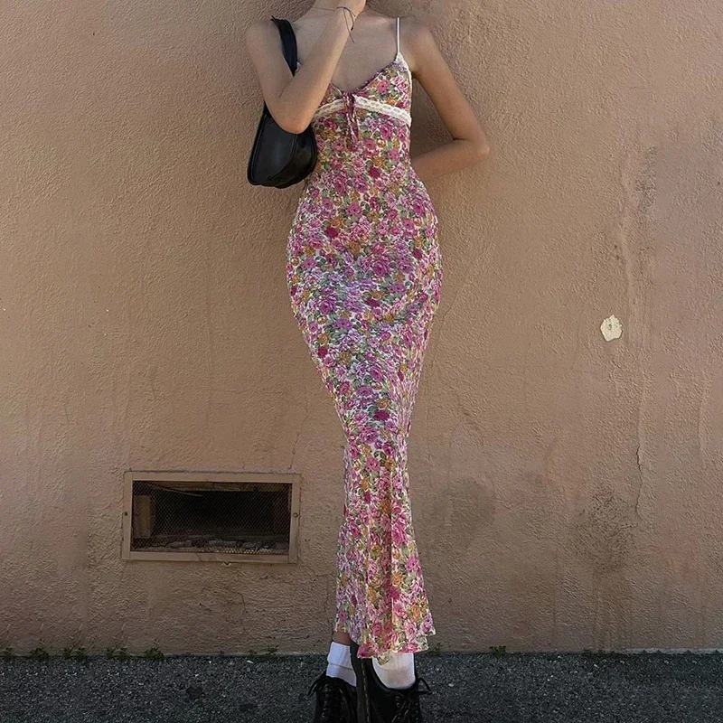 

Dresses Floral Print Lace Trim Spaghetti Strap Long Dress Elegant Bodycon Tank Dress Sleeveless Maxi Dress Summer Streetwear