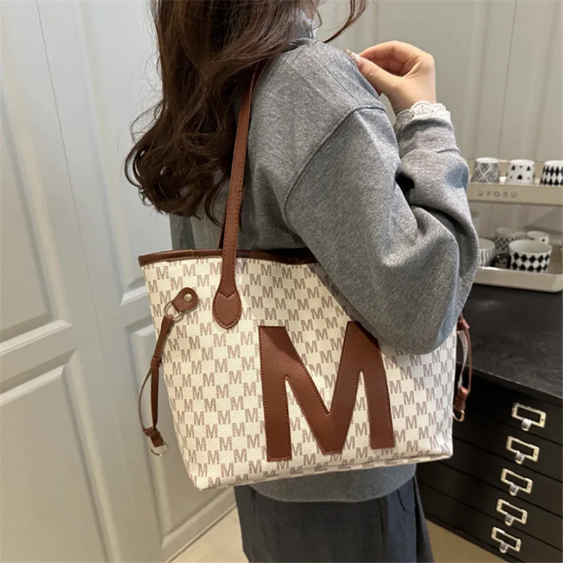 Monogrammed Tote Bag & Mini Bag Set Stylish Purses with Logo Accents Large Capacity Handbags Shoulder Bag for Women's Daily Use