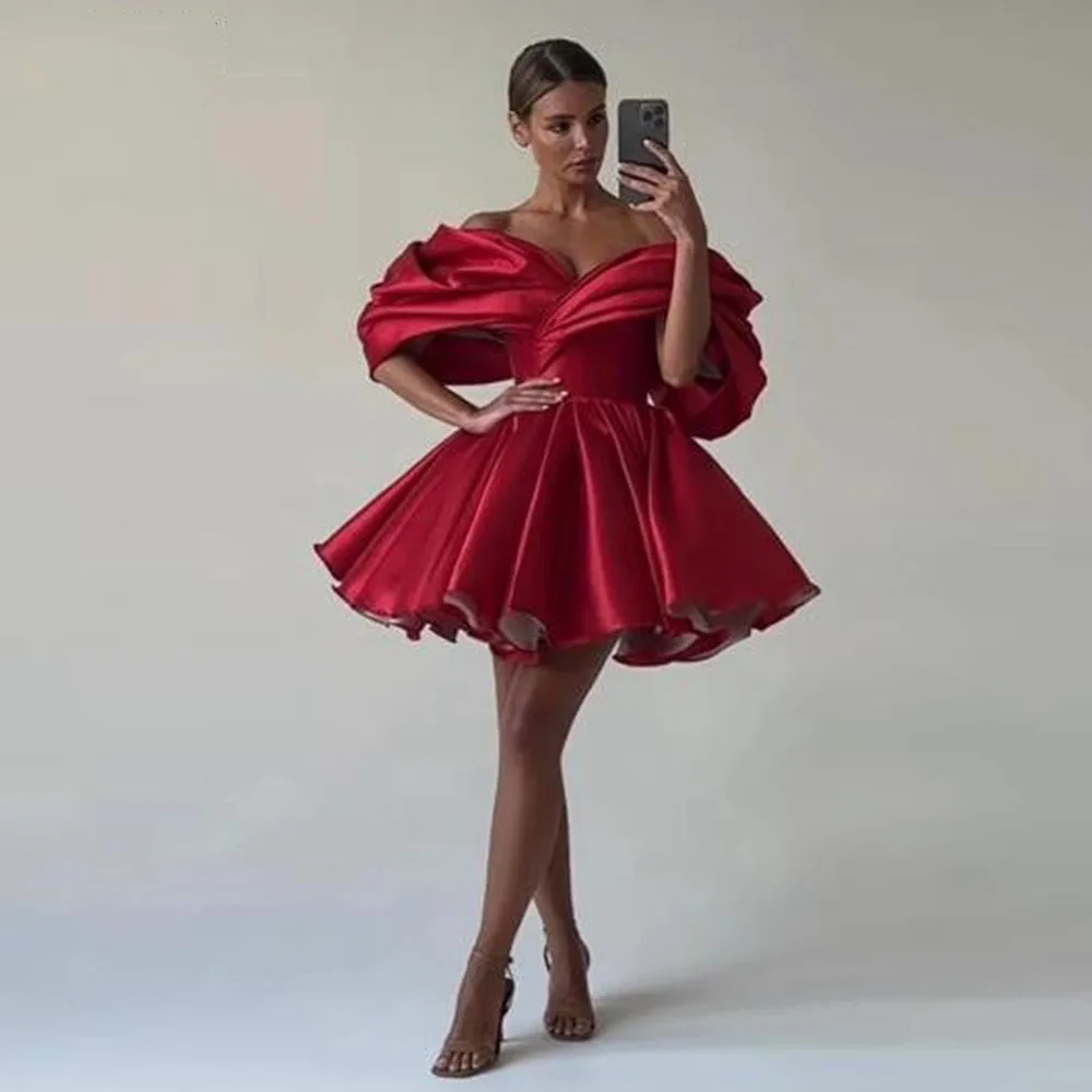 

Short Prom Dress Red Off The Shoulder Above Knee Satin Formal Evening Gowns Girl Vestidos De Graduación Pleat Party DressCL-419