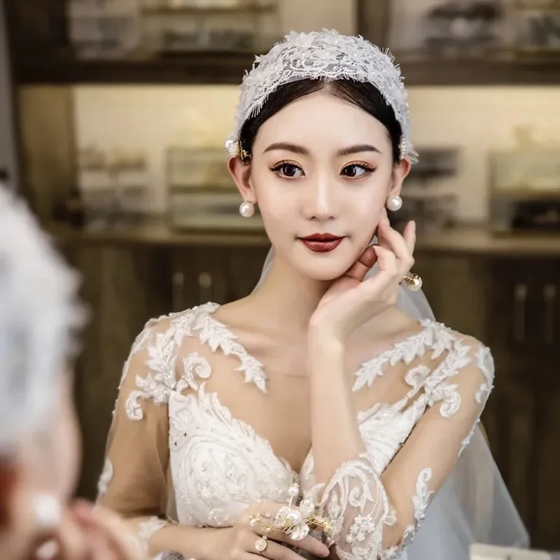 

Lace Flower Veil Bridal Headgear Mesh Hair Accessories Mid-Length Wedding Princess Veil Headdress Headband Head Accessories