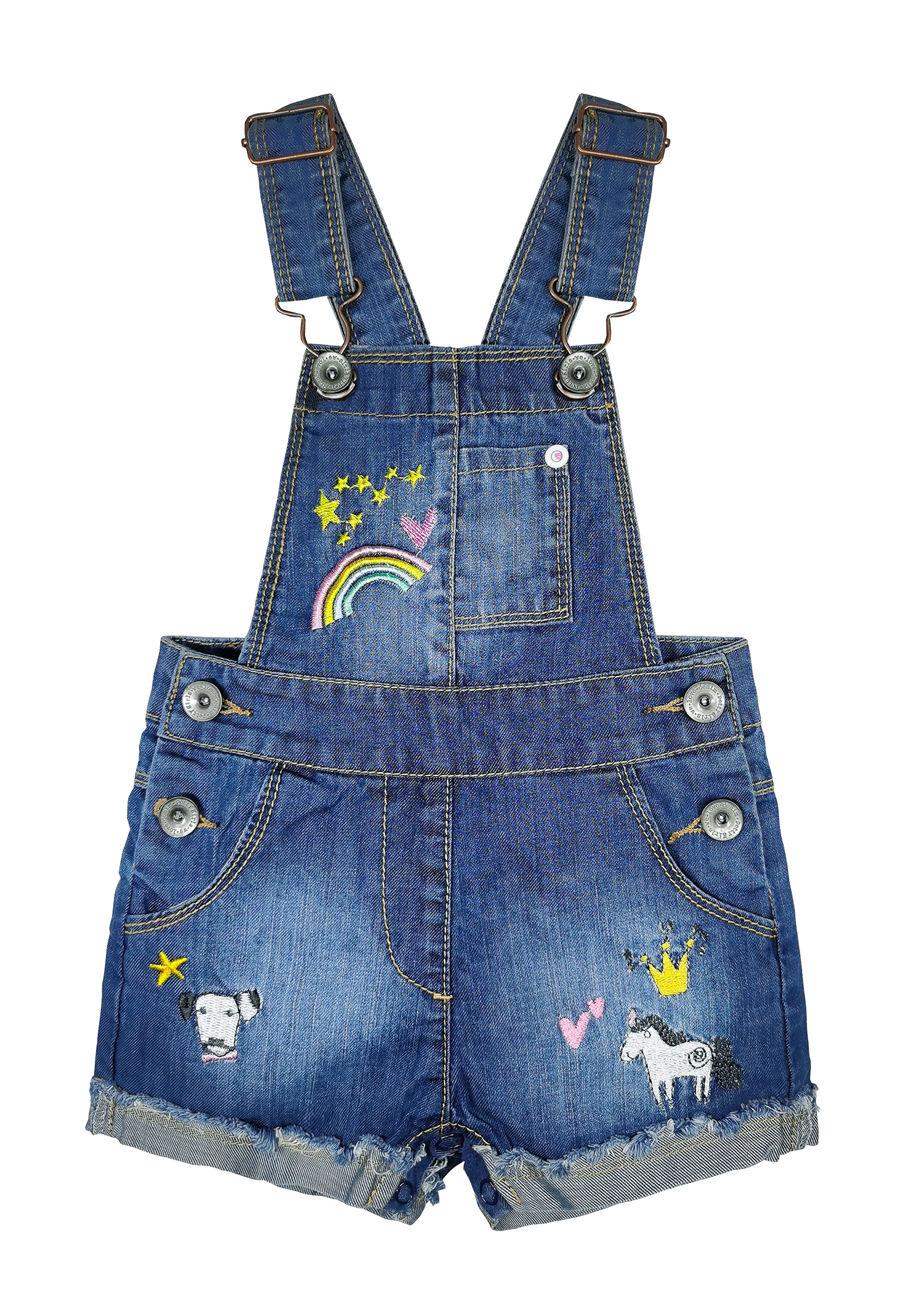 

Kidscool Space Baby & Little Girls Rainbow Animal Embroidered Cuffed Fringe Bottom Denim Shortalls