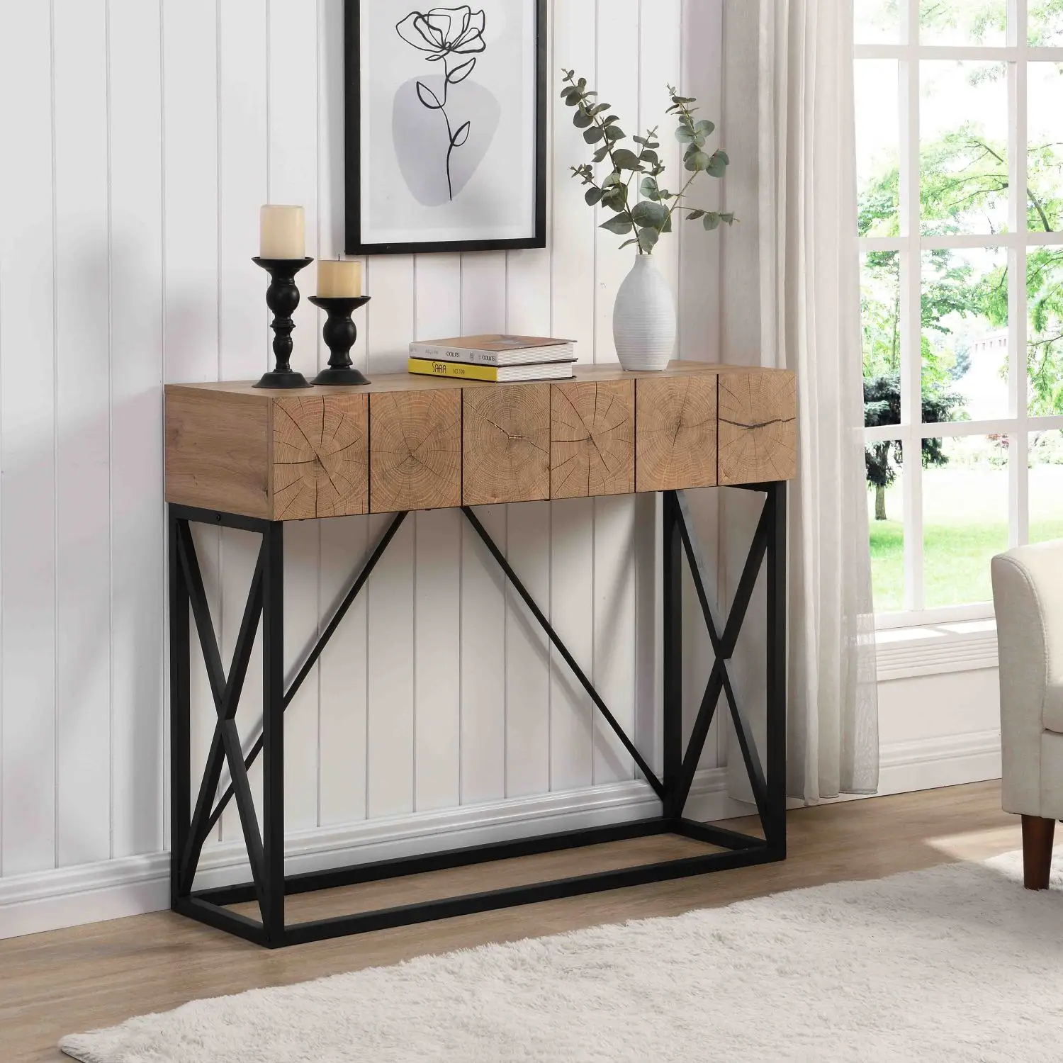

Роскошный 43,31 дюймовый однотонный деревянный диван-стол, стильный индустриальный стол для прихожей с двумя ящиками, элегантный стол для прихожей