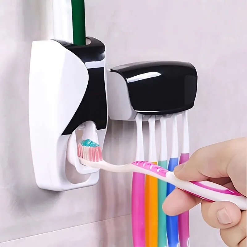 Toothbrush Holder 1Set With Automatic Toothpaste Dispenser Wall Mounted Toothbrush Storage Rack Bathroom Toothpaste Squeezer