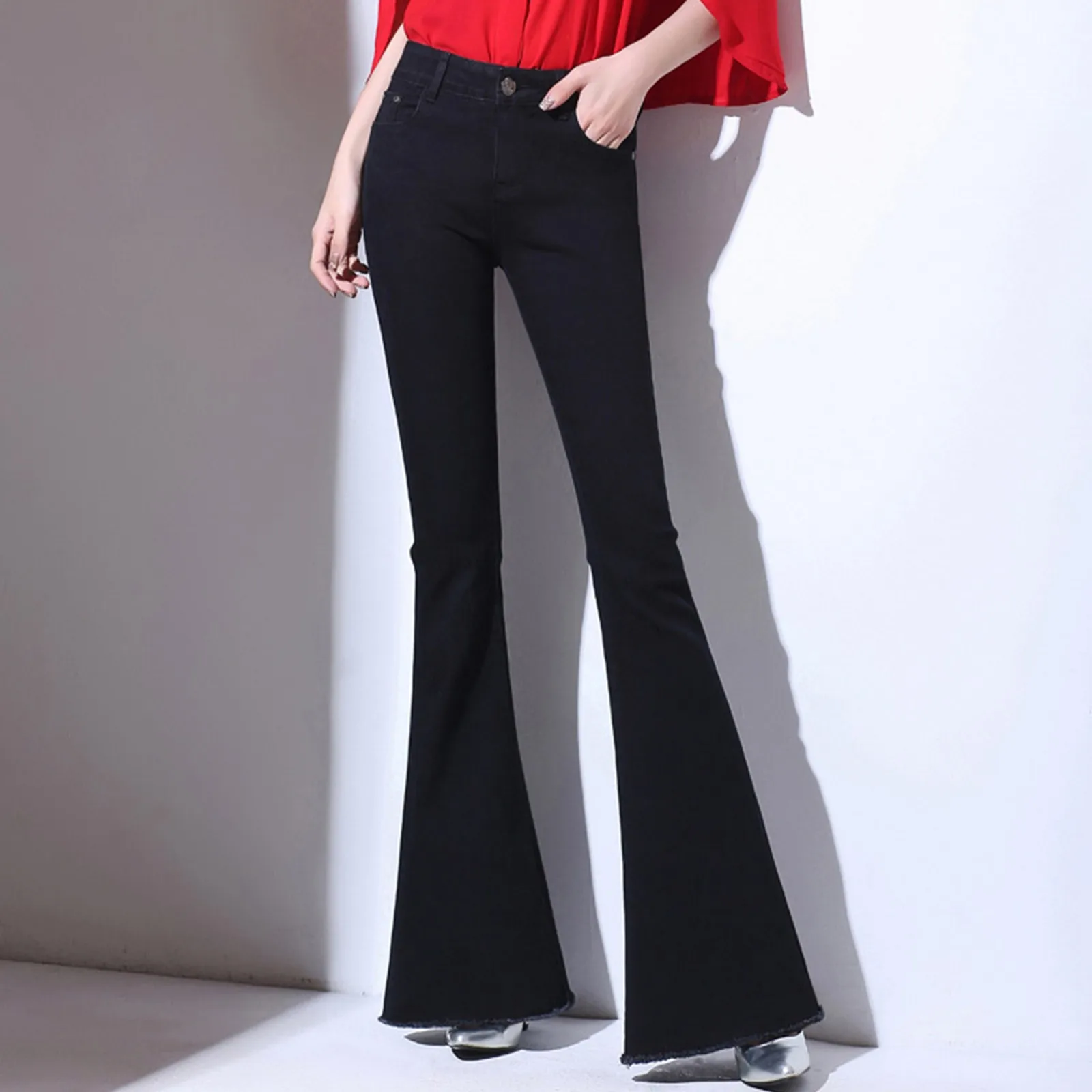 

2023 New Vintage High Waist Flare Jeans Women's Solid High Street Slim Fit Denim Pants Stretch Flare Denim Pants Casual
