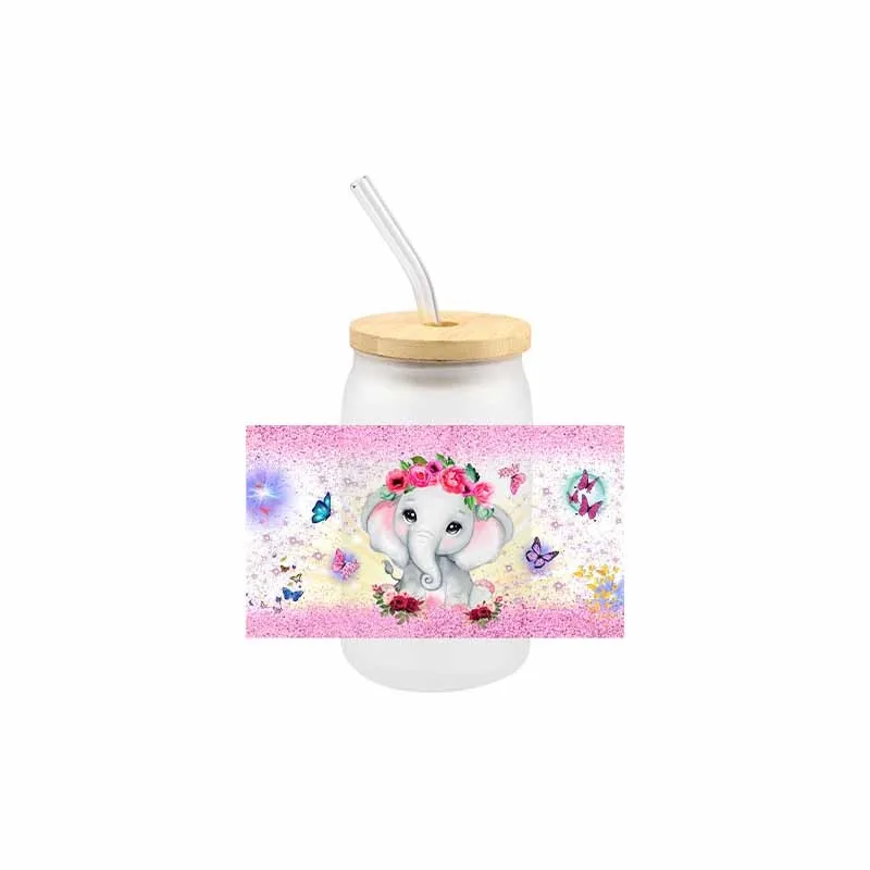 Elephant 3D UV DTF Cartoon Transfer Sticker Wraps Cup Libbey Glass Cup Decals Waterproof UV DTF Sticker