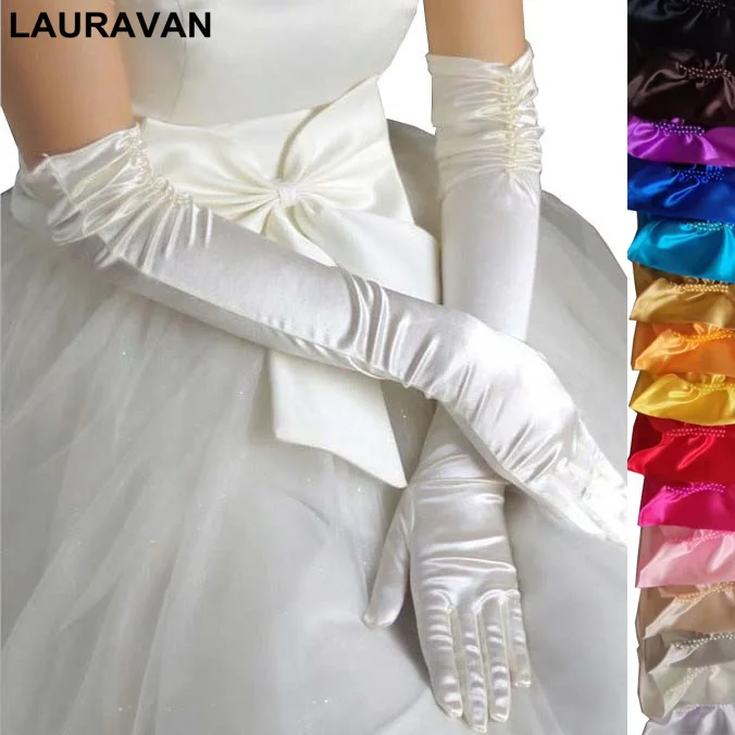 1 Pair Bride Bridal Wedding Gloves Red Black White Ivory Long Beaded Satin Elegant for Women Finger gants mariage luvas de noiva Wedding Dress Gloves Satin Finger Gloves