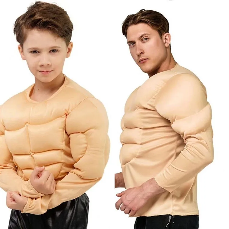 

Man Halloween Superhero Muscle Tops Kids Vest Suits Boys Cosplay Chest Shirt Outfits Gifts Purim Party Clothing Child Costume