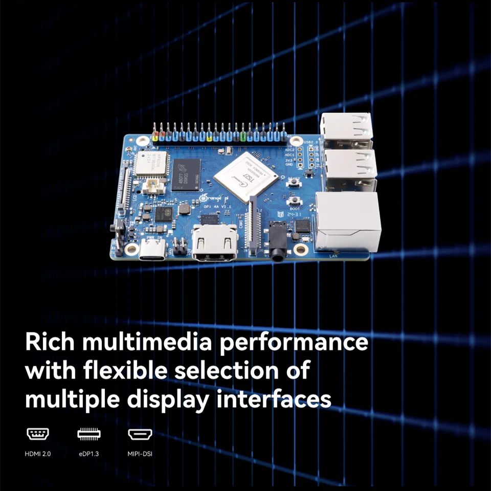 Single Board Computer Orange Pi 4A 4GB RAM Single Board Computer Allwinner T527 RISC-V Co-processor WiFi+BT5.0 BLE M2 NVMe SSD 2TOPS NPU Mini PC