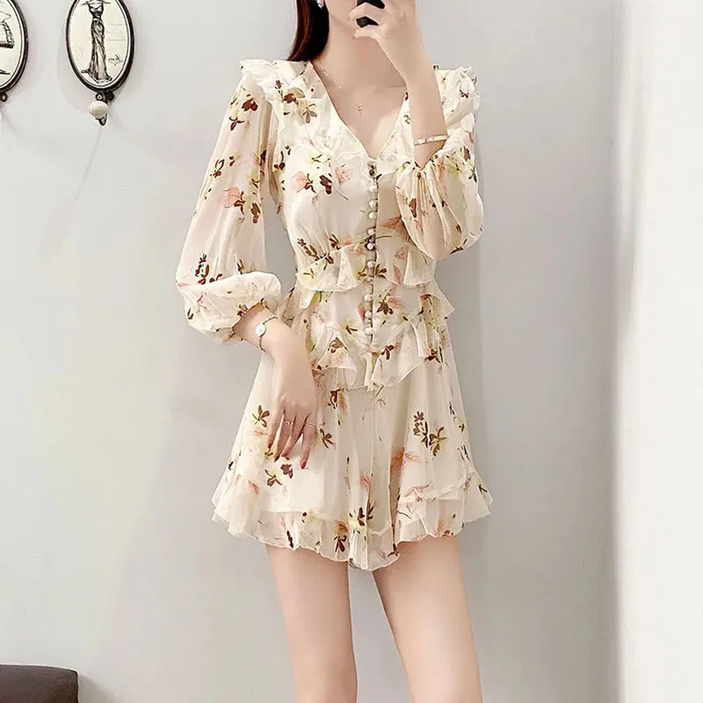 

Vintage Rompers For Women V Neck Loose Half Sleeve Chiffon Ruffle Trim Floral Print Playsuits Female 2022 Summer Womens Clothing