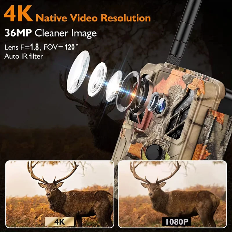 야외 야생 동물 모니터링용 사냥 트레일 카메라, 4K 48mp 야간 투시경 FOV, 120 도 0.2s 트리거, IR 범위 30m, 와이파이 앱 포함