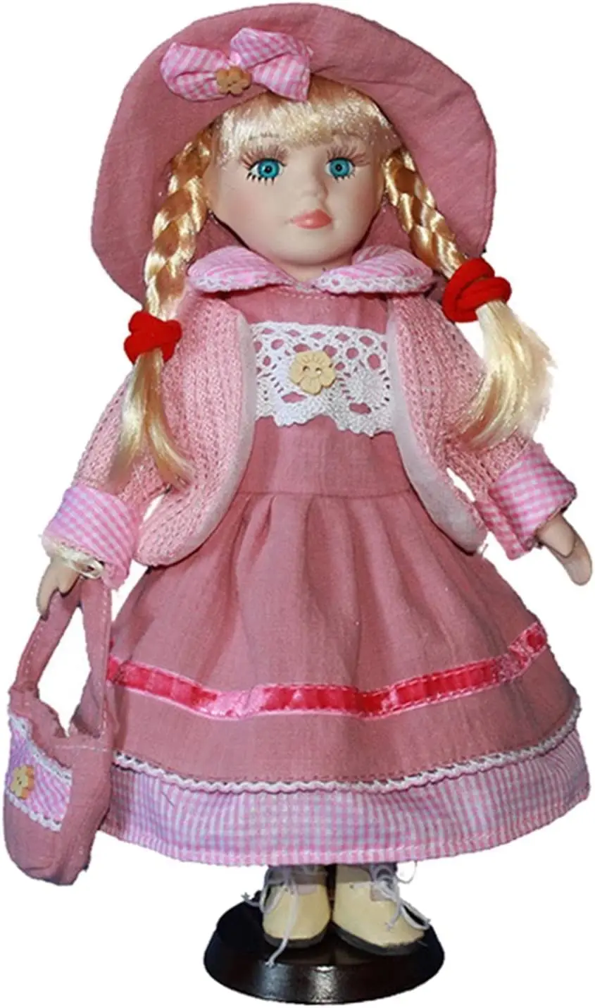 30cm Porcelain Victorian Doll Brown Hair, Standing Girl Doll with Stand