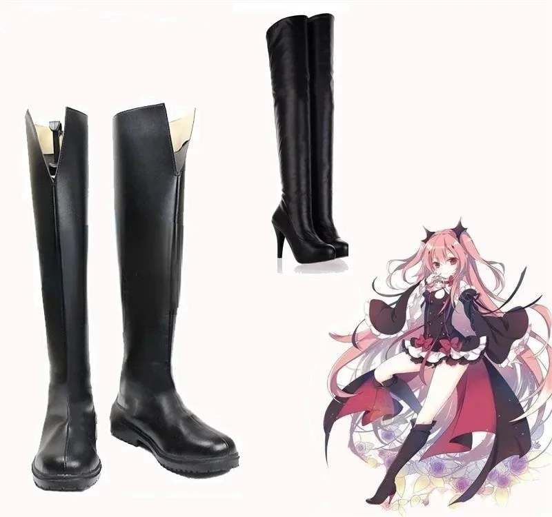 

Anime Seraph of the end Krul Tepes Cosplay Costume Women Men Black PU Knee-high Shoes Boots Halloween Prop Costumes Customized