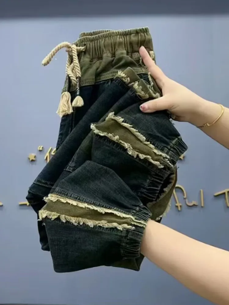 

Женские хлопковые джинсовые шаровары, универсальные повседневные свободные шаровары составного кроя с эластичным поясом, весна-осень 2023