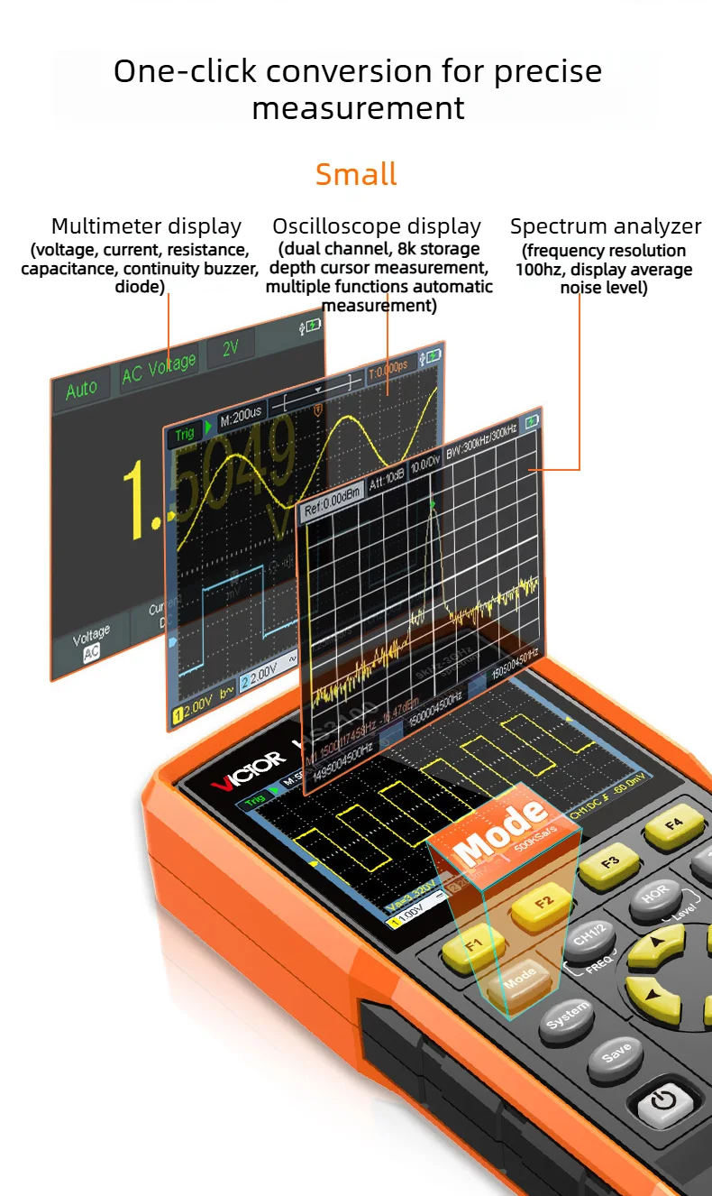 Victor HS3200 3-in-1 스펙트럼 분석기 오실로스코프 멀티미터 다기능 9kHz3GHz/200MHz/20000 디지트 듀얼 채널