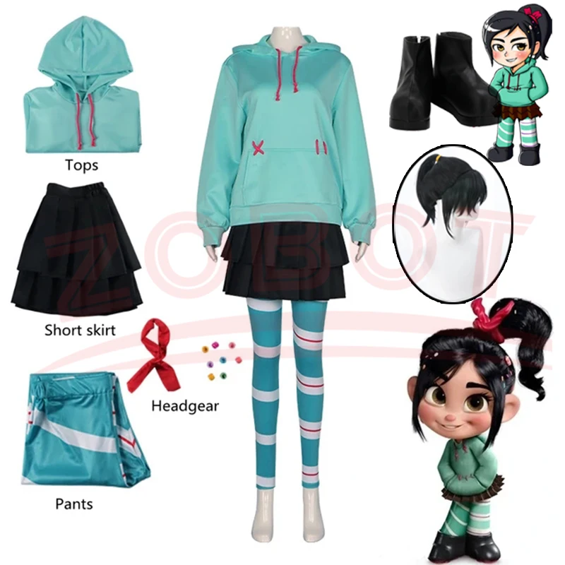 애니메이션 Vanellope Von Schweetz 코스프레 코스튬 부츠, 후드 스커트, 가발 유니폼, 세트 소녀, 여성 할로윈 공연 의류