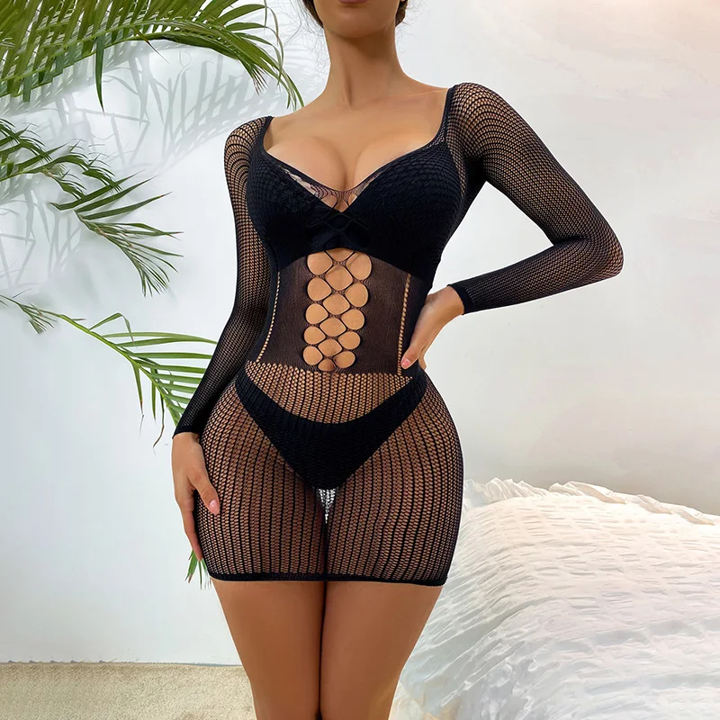 

Chic Sexy Women's Mesh Hollow Erotic Lingerie Deep V Neck Long Sleeve Perspective Dress