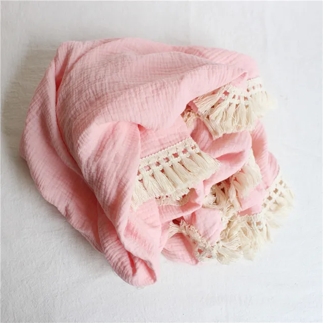 Cotton Muslin Swaddle Blankets for Newborn Baby Tassel Receiving Blanket New Born Swaddle Wrap Infant Sleeping Quilt Bed Cover Pink