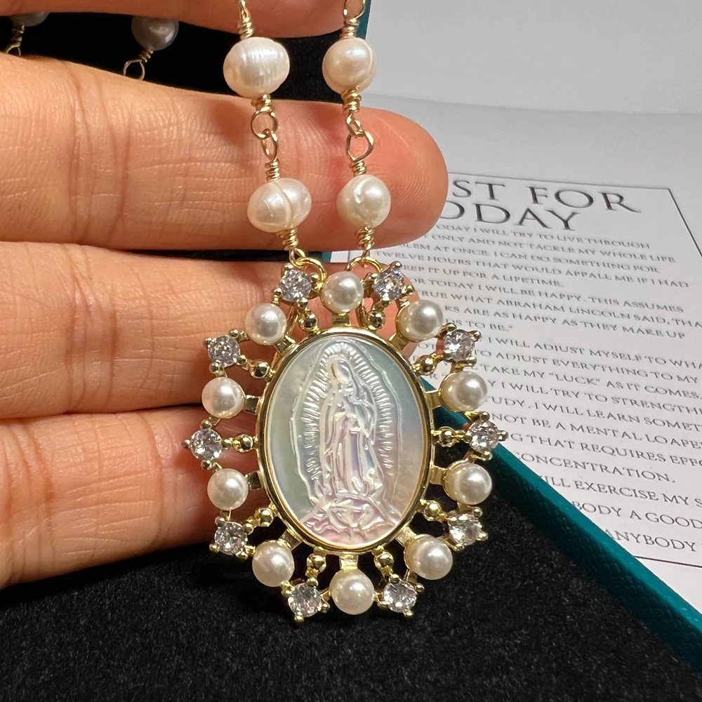 Pearl Our Lady of Guadalupe Cross Necklace 1