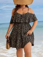 Plus Size 1XL-5XL Women's Elegant Floral Print Off Shoulder Ruffle Edge Dress Ladies Summer Beach Short Sleeved Dress