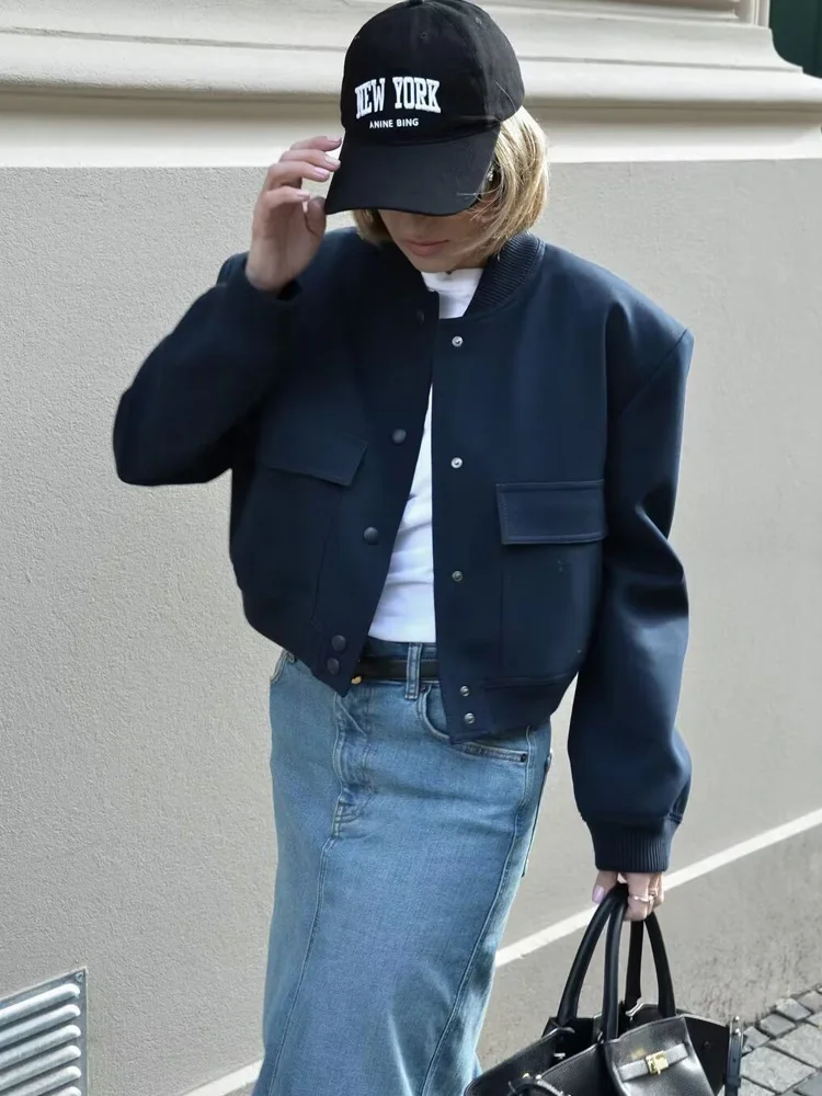 

Y2K TRAF Women Fashion Bomber Jacket Coat 2024 Female Chic Stand Collar with Pockets Aviator Jackets Ladies Casual Outerwear