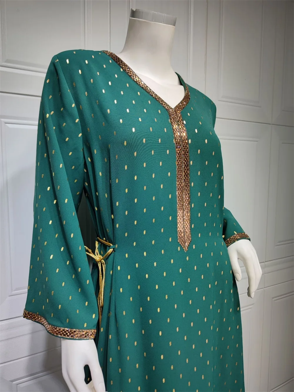 Women's Ramadan Eid Long Sleeve Dress Polka Dot Print Belted Abaya Robe Moroccan-Kaftan Muslim Dresses