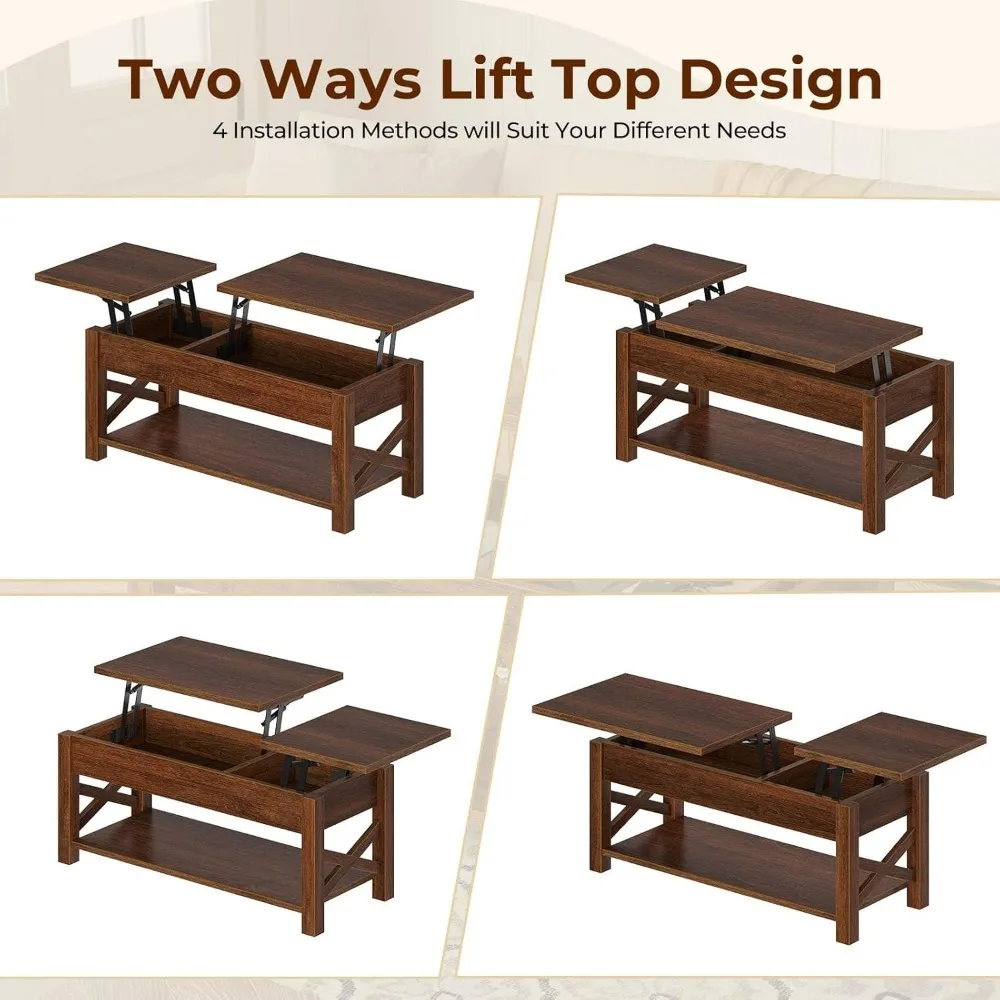 Coffee Table 47.2",2 Way Lift Top Coffee Table with Hidden Compartment, Lift Top Coffee Table with Open Shelf & X Wooden Support 6