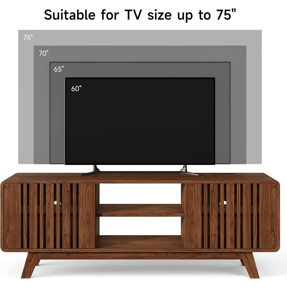 63-inch tv stand for tvs up to 75 inch, mid-century modern television stand with power outlet， entertainment center with sliding