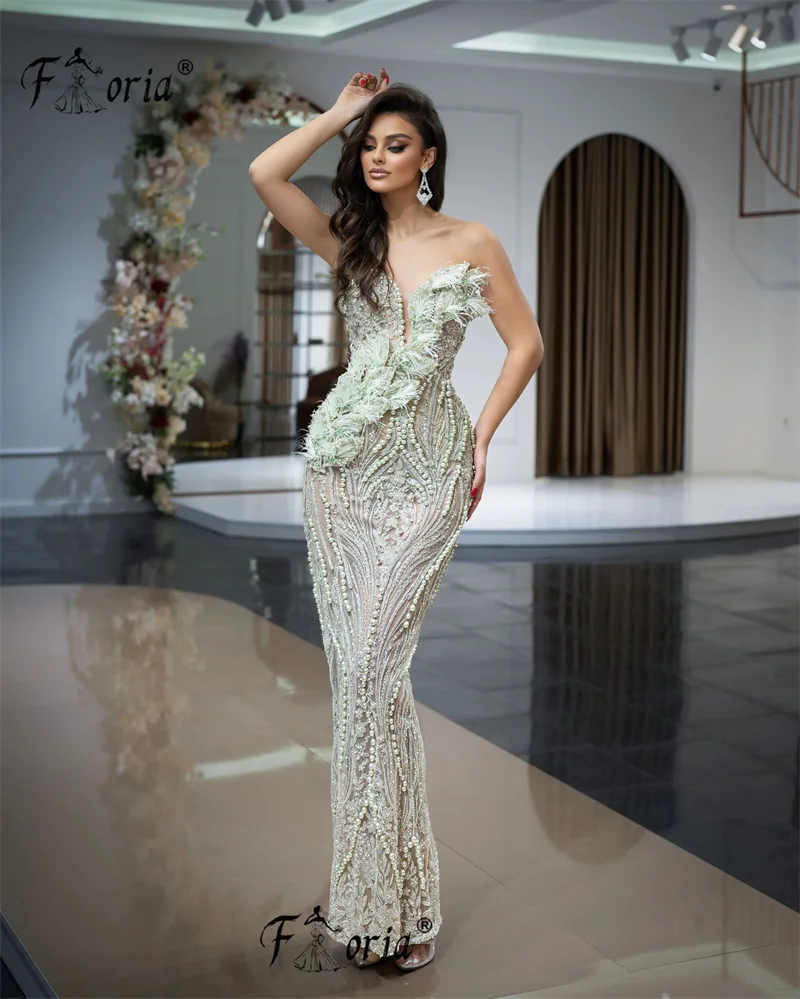 

Elegant Light Green Mermaid Prom Dresses Pearls 3D Appliques Evening Party Gowns robes de soirée Couture Woman Pageant Dress