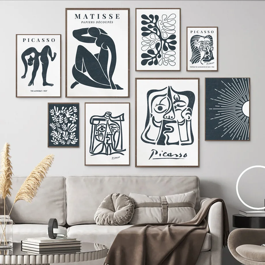 

Abstract Boho Matisse Picasso Sun Moon Poster Dark Blue Wall Art Print Canvas Painting Gallery Wall Pictures Living Room Decor