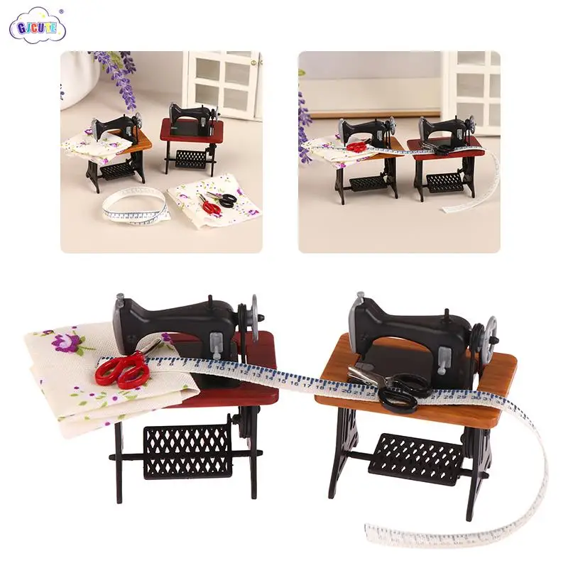 

1:6 1:12 Dollhouse Miniature Vintage Foot Sewing Machine Ruler Scissors Furniture Model Decor Toy Doll House Accessories