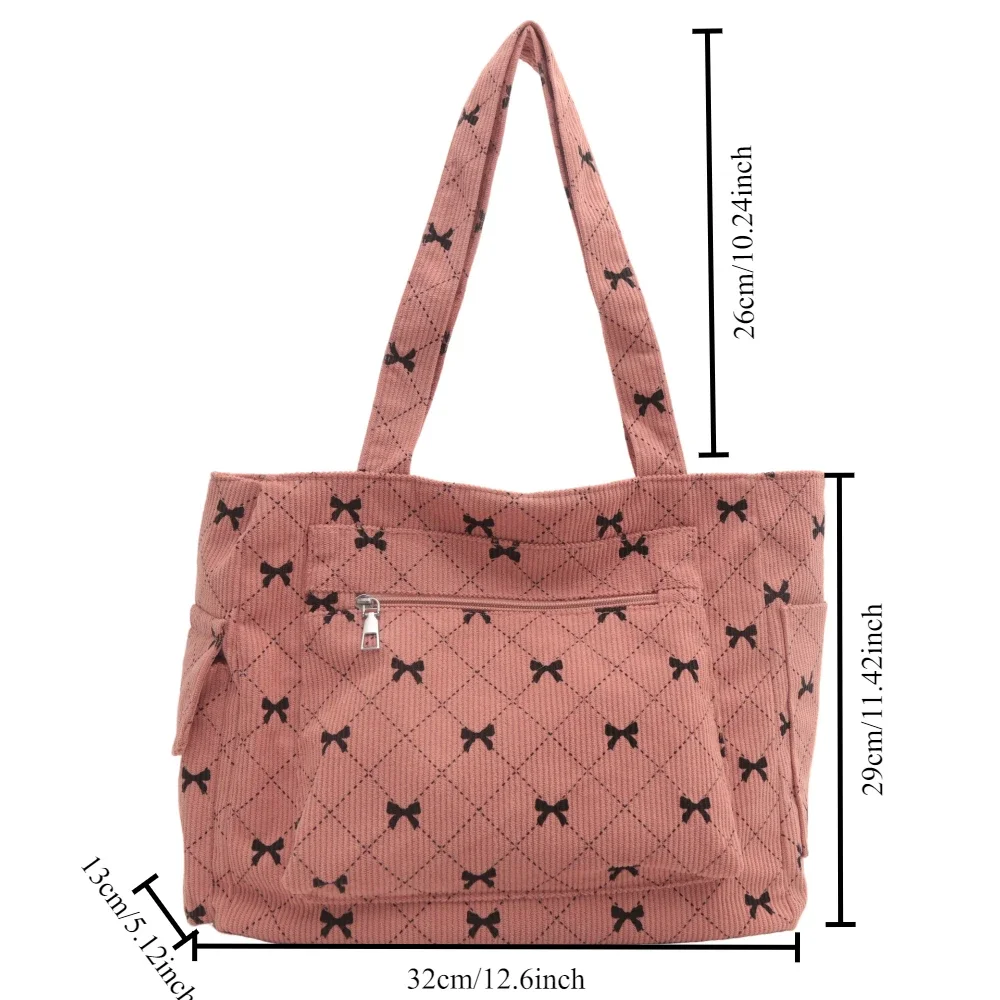 Bow Pattern Commuting Shoulder Bag Corduroy Handbag Large Capacity Women Tote Bag Multi-pockets Eco-friendly Shopping Bags