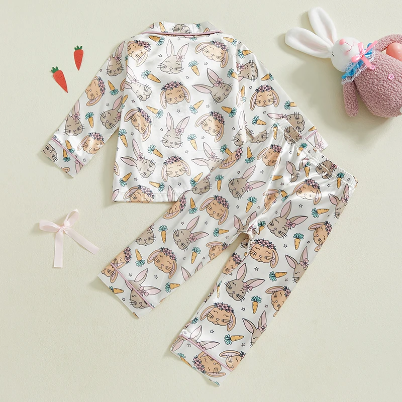 Toddler Girl Easter Satin Pajama Set with Bunny and Carrot Print Long Sleeve Button-up Tops and Pants Sleepwear Outfit 2 Piece