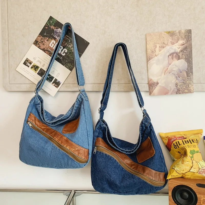 Denim Crossbody Bag Personalized Trendy Design Summer New Large Capacity Student Crossbody Bag Casual Phone Pouch Purse Storage