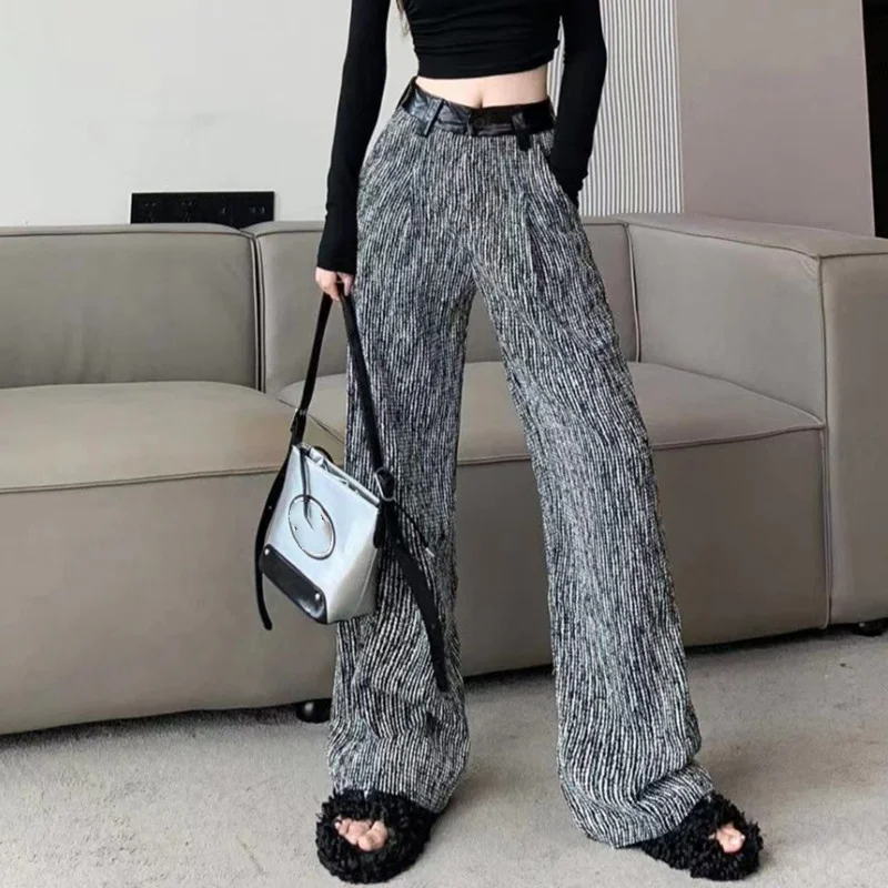 

Autumn Office Ladies Patchwork Design Suit Pants Women Clothing Vintage Wide Leg Slim Straight High-Waist All-Matching Trousers