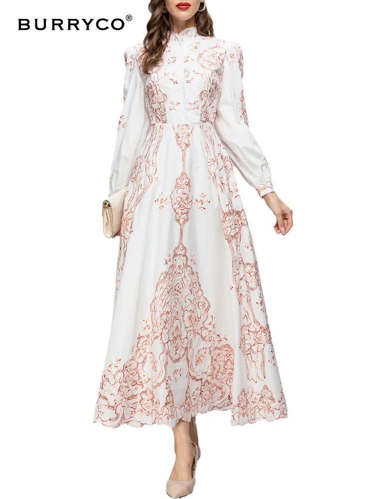 

BURRYCO 2023 Autumn Women's New Luxury Style Printed Hollow Collar Unique Dress