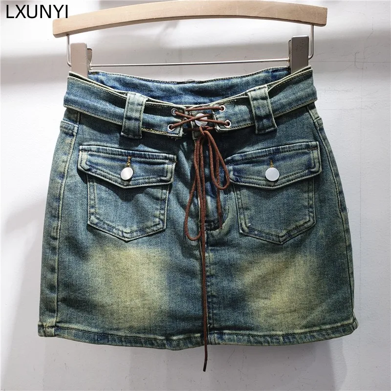 

LXUNYI Design Lace UP Denim Skirt Woman Spring Summer 2023 Retro High Waisted Stretch Tight Skinny Pencil Jean Short Skirts