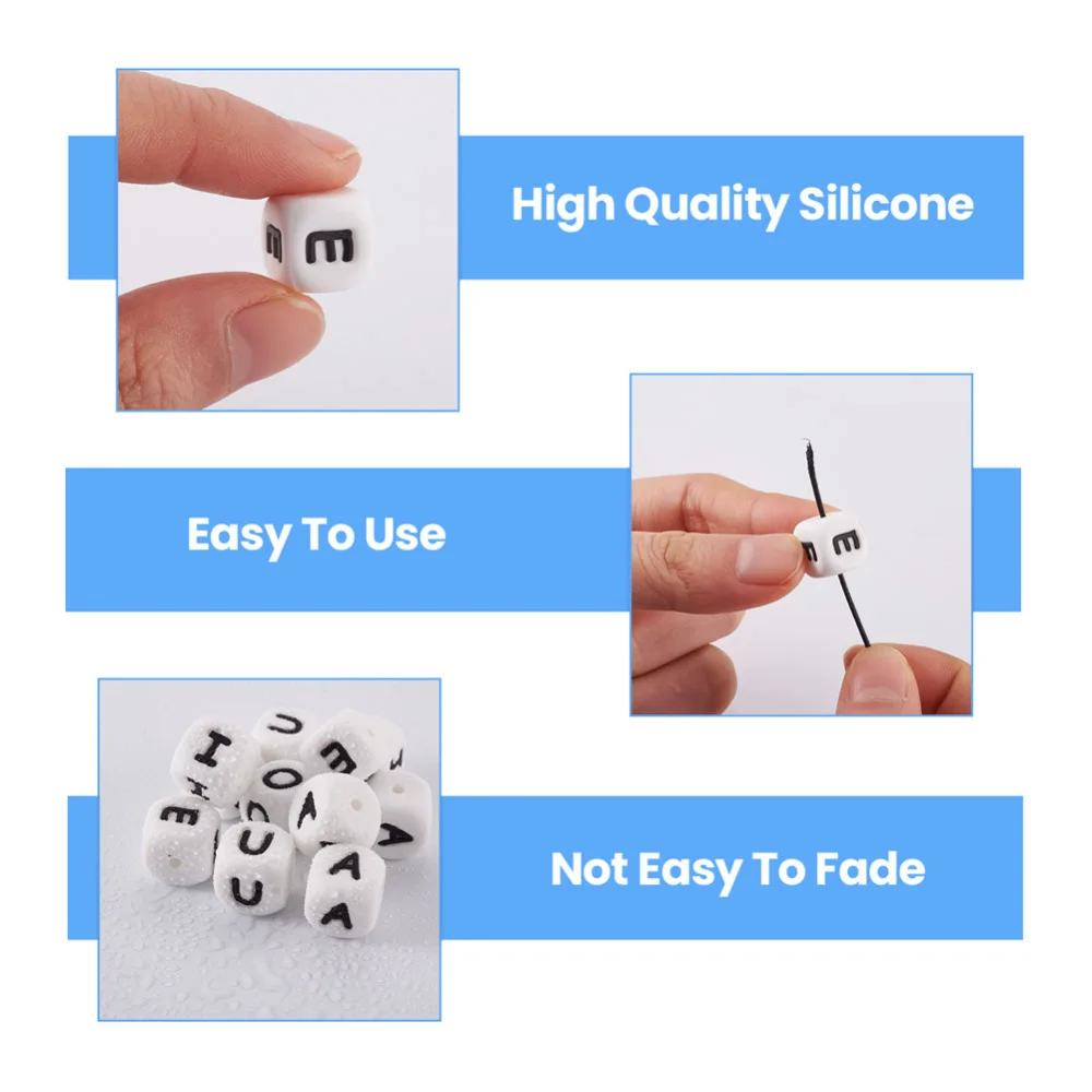 50Pcs Vowel Letter Silicone Beads 12mm Cube Alphabet A E I O U Silicone Letter Beads for Teethers DIY Necklace Keychain Jewelry