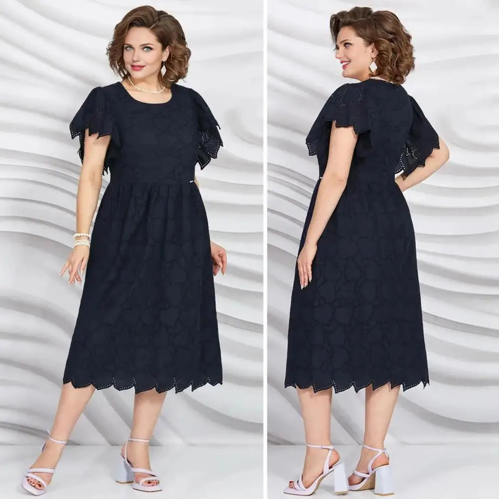 

Women Plus Size Long Dress Cutout Dress Elegant Plus Size Lace Midi Dress for Women Round Neck Hollow Out Embroidery Slim Fit