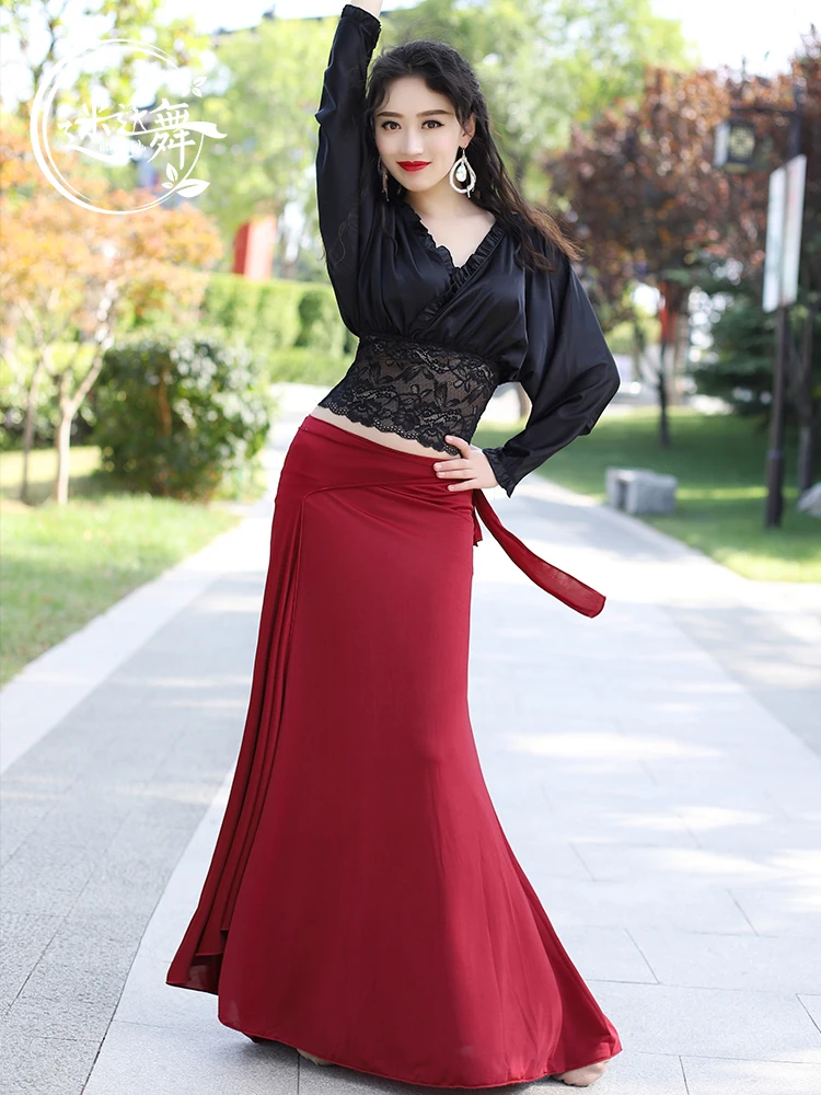 

Belly Dance Practice Clothes Adult Female Performance Dance Costume Loose Top with Long Slit Skirt for Women Dancewear E22230