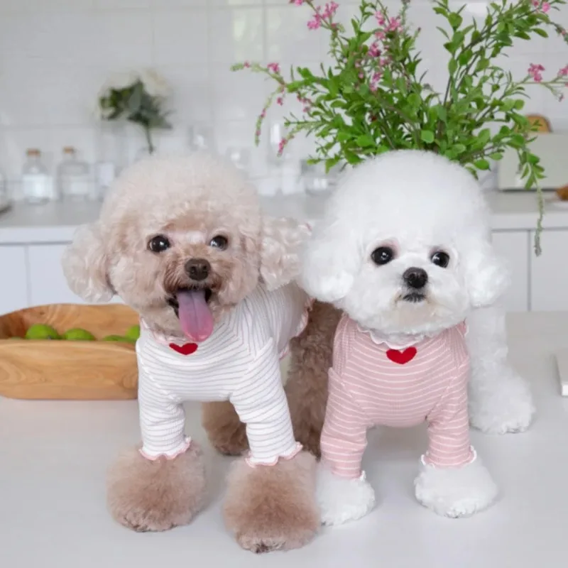 Puppy Christmas Dog Clothes Love Winter Love Camicia Con Fondo A Righe Ricamate Cute Home Print Canotta Pet Clothes Dog T-Shirt