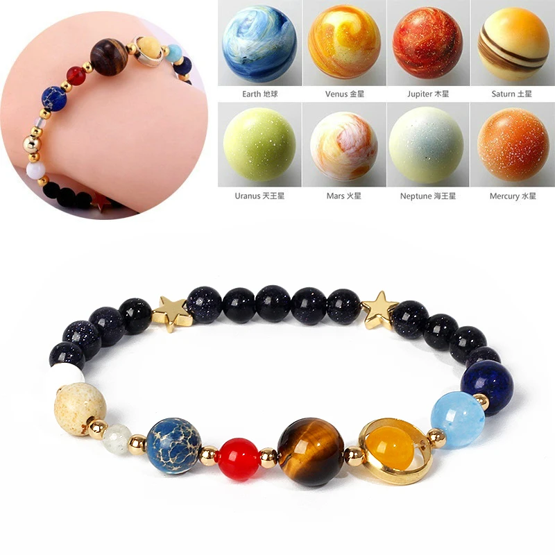 Bracelets de perles en pierre naturelle pour femmes, lecture de la galAct des tiques, planètes, système solaire, étoile panoramique, bijoux de couple à la mode