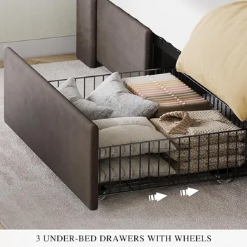 Queen Size Bed Frame with 3 Storage Drawers and RGB LED Lights, Velvet Upholstered Bed with Charging Station and Storag 6