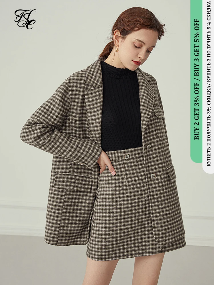 Fansilanen Wool Blend Two Piece Set Plaid Blazer Suit Women Autumn ...