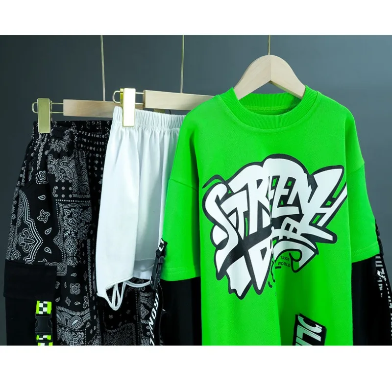 Boys' Spring Suits Green Top Black Pants Children's Hip-hop